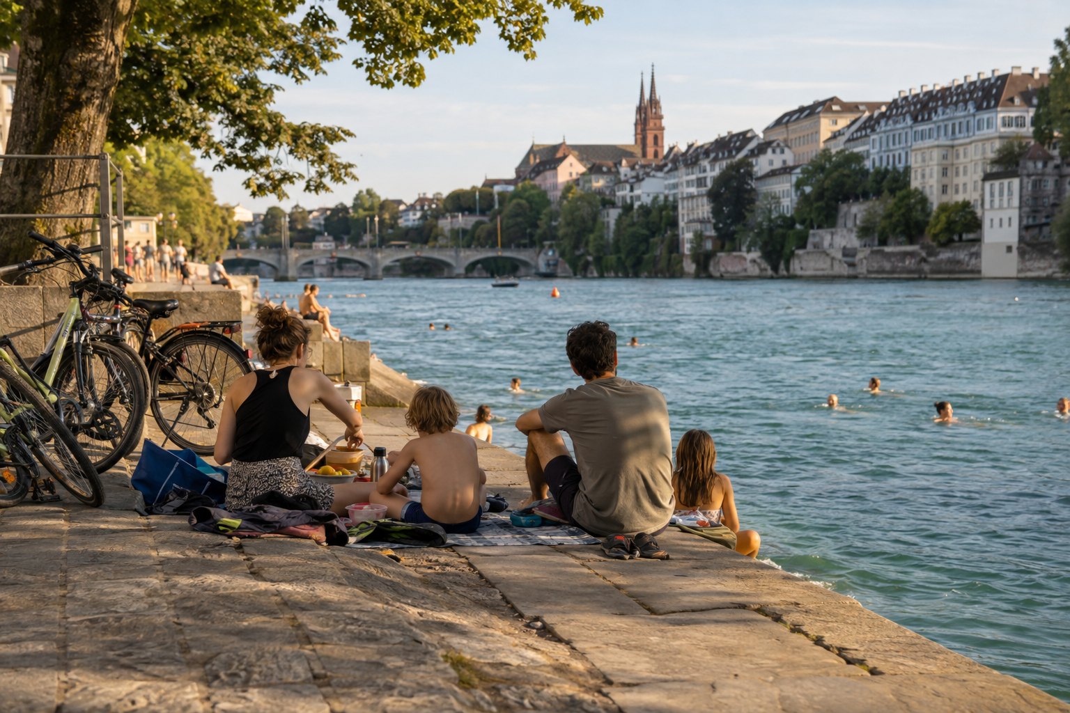 Familie macht am Basler Rheinufer Picknick