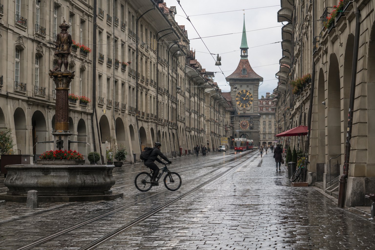Velofahrer in der nassen Berner Altstadt