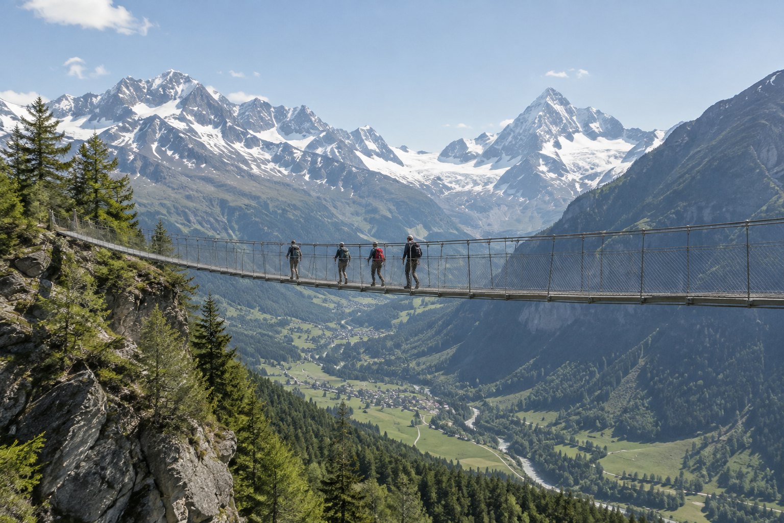Wandergruppe auf einer Hängebrücke im Wallis