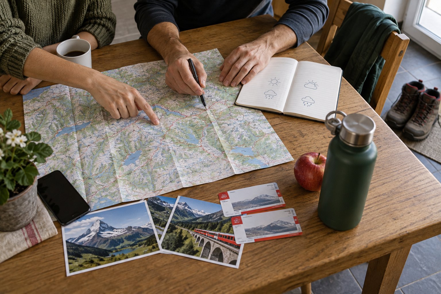 Zwei Personen planen mit Karte und Notizbuch eine Reise