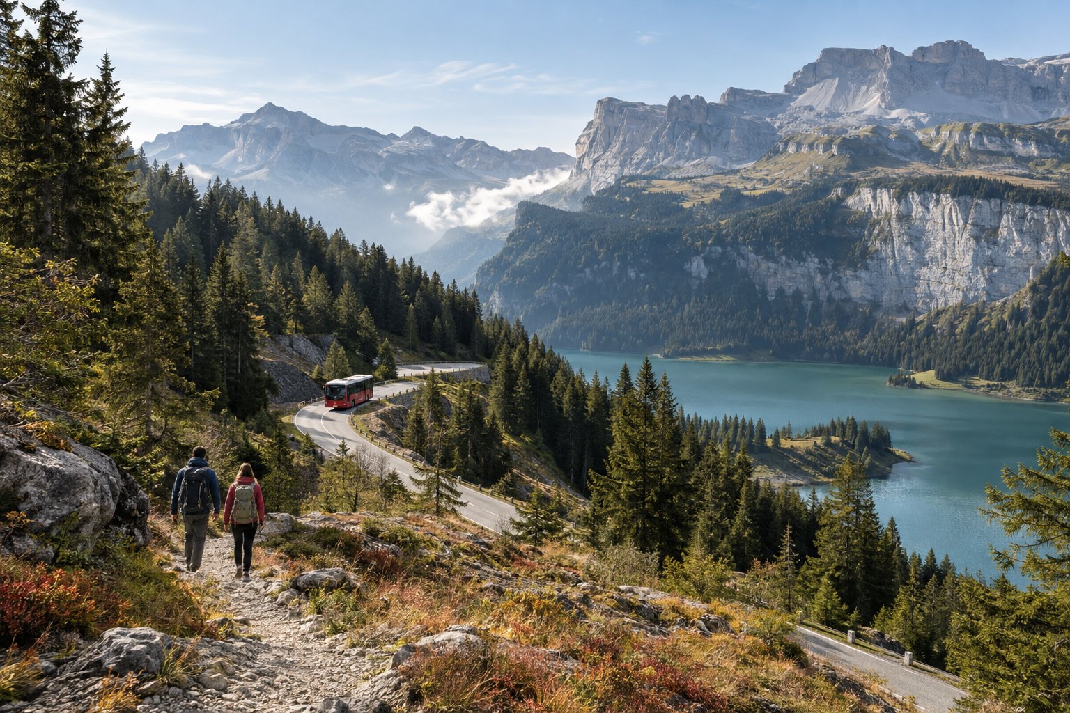 Wandernde oberhalb eines Bergsees, daneben fährt ein roter Bus über die Passstrasse