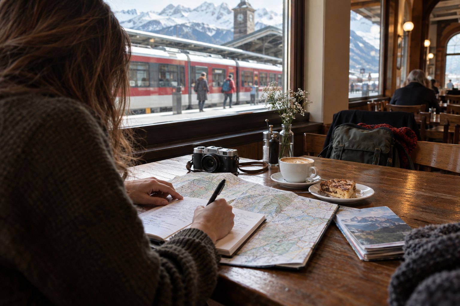 Reiseredaktorin arbeitet mit Karte und Notizbuch am Bahnhof